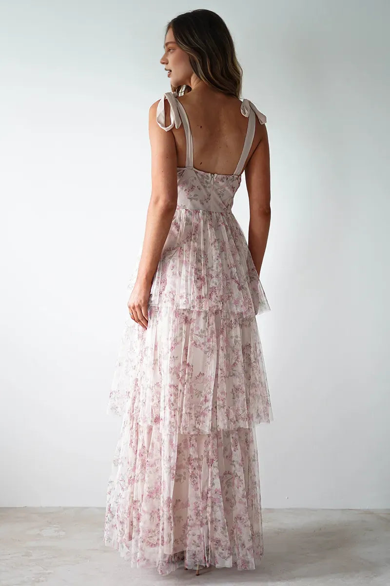 Robe Weitese élégante à bretelles nouées et taille cintrée, imprimé floral, robe de bal longue à volants, rose